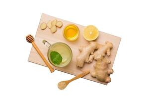 Natural cold and flu home remedies. Natural ingredients for immunity stimulation and viruses protection. top view flat lay isolated photo
