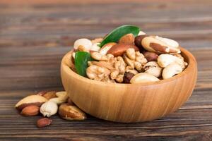 mixed nuts in bowl. Mix various nuts colored background. pistachios, cashews, walnuts, hazelnuts, peanuts photo