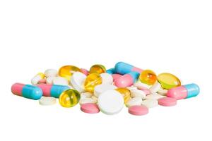 Many different colorful medication and pills perspective view. Set many pills colored background photo
