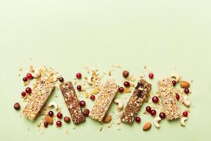 Various granola bars table background. Cereal granola bars. Superfood breakfast bars , nuts and berries. Superfood concept photo