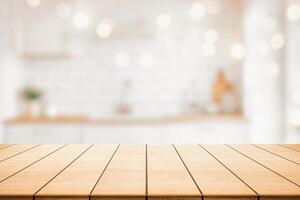 Wooden table mockup with blurred kitchen background and natural light bokeh, perfect for product display photo