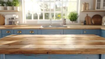 Wood table blurred kitchen background. photo