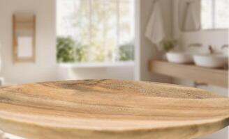 Empty wooden countertop with blurred modern bathroom in the background featuring white sinks, soft natural light, and minimal design, perfect for home decor or product display in a stylish interior photo