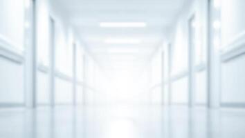 Empty hospital hallway with bright white lighting and modern design, creating a clean and sterile healthcare environment ideal for medical facilities, clinics, and treatment centers photo