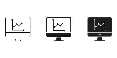 Computer Monitor With Graph Line And Solid Icon Set. Data Analysis, Business Analytics, And Performance Tracking Symbol Collection. Financial Growth And Market Trends. Isolated Illustration vector