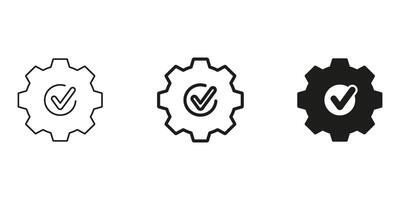 Gear With Checkmark Line And Solid Icon Set. Quality Assurance, System Optimization, And Task Completion Symbol Collection. Efficiency And Reliability Representation. Isolated Illustration vector