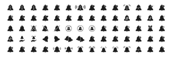 Notification Bell Solid Icon Set. Alert, Reminder, And Notification Management Silhouette Symbol Collection. Includes Variations For Settings, Messages, And Alerts. Isolated Illustration vector