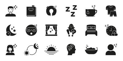 Sleep And Relaxation Solid Icon Set. Restful Sleep, Nighttime Routine, And Relaxation Silhouette Symbol Collection. Sleep Hygiene And Wellness. Isolated Illustration vector