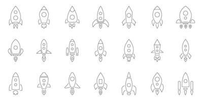 Rocket Ship Line Icon Set. Space Exploration, Innovation, And Startup Launch Outline Symbol Collection. Rocket Sign For Technology And Business. Editable Stroke. Isolated Illustration vector