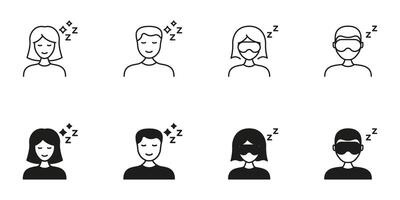 Sleeping People With Eye Masks Line And Solid Icon Set. Rest, Relaxation, And Sleep Quality Symbol Collection. Depicts Men And Women In Sleep Masks. Isolated Illustration vector