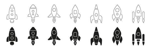 Rocket Ship Line And Solid Icon Set. Space Exploration, Innovation, And Technology Symbol Collection. Various Rocket Designs For Aerospace And Science Themes. Isolated Illustration vector