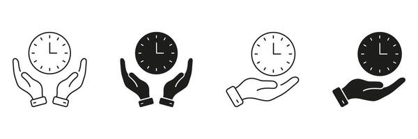 Hands Holding Clock Line And Solid Icon Set. Time Management, Scheduling, And Efficiency Symbol Collection. Prioritization And Productivity Concept. Isolated Illustration vector
