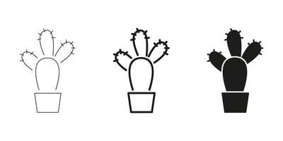 Cactus In Pot In Line, Outline, And Glyph Icon Set. Desert Plant And Succulent Symbol Collection. Botanical And Nature Design Elements. Isolated Illustration vector