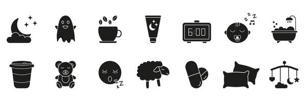 Sleep And Relaxation Silhouette Icon Set. Nighttime Routine, Restful Sleep, And Relaxation Symbol Collection. Includes Moon, Ghost, Tea, Alarm, Baby, Bath, And More. Isolated Illustration vector