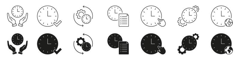 Clock Management And Time Optimization Line And Solid Icon Set. Time Efficiency, Scheduling, Global Synchronization Symbol Collection. Productivity And Workflow. Isolated Illustration vector