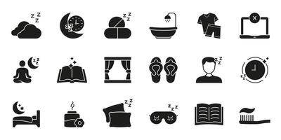 Sleep And Relaxation Icon Set. Nighttime Routine, Restful Sleep, And Relaxation Silhouette Symbol Collection. Includes Sleepwear, Meditation, And Hygiene Elements. Isolated Illustration vector