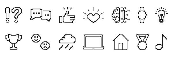 Pixel Art Icon Set Featuring Communication, Emotions, Technology, And Achievement Retro Symbols. Retro Style Pixelated Symbol Collection. Isolated Illustration vector