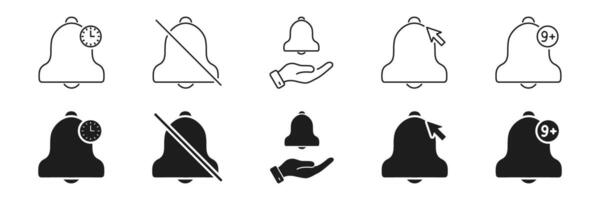 Notification Bell Icon Set. Alert, Reminder, And Notification Management Outline And Silhouette Symbol Collection. Includes Time, Mute, Interaction, And Count Indicators. Isolated Illustration vector