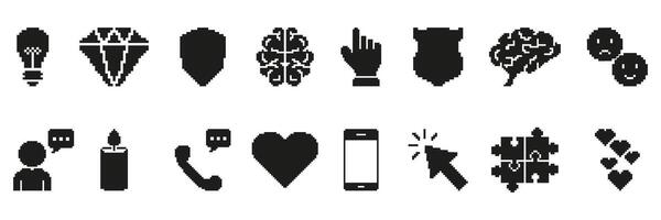 Pixel Art Icon Set. Light Bulb, Diamond, Shield, Brain, Hand, And More. Creative And Communication Symbols Collection For Digital Design And User Interface Elements. Isolated Illustration vector