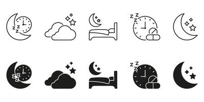 Moon, Clock, And Sleep Line And Solid Icon Set. Nighttime Rest, Sleep Schedule, And Bedtime Routine Symbol Collection. Sleep Health And Relaxation. Isolated Illustration vector