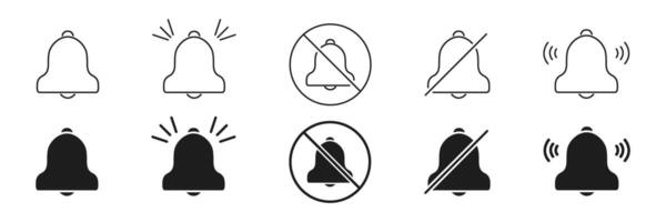 Notification Bell Icon Set. Alert, Silent, And Vibration Modes Outline And Silhouette Symbol Collection. Communication And Reminder Functionality. Isolated Illustration vector