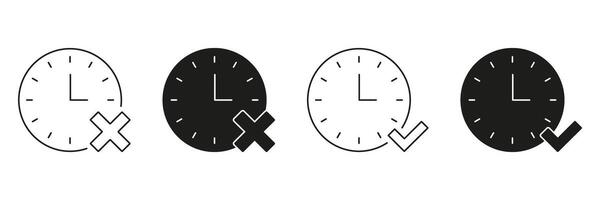 Clock With Check And Cross Line And Solid Icon Set. Time Management, Task Completion, And Deadline Evaluation Symbol Collection. Efficient Scheduling And Planning. Isolated Illustration vector