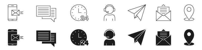 Communication And Messaging Line And Solid Icon Set. Digital Interaction, Customer Support, Location Tracking Symbol Collection. Mobile, Email, And 24 7 Service Icons. Isolated Illustration vector