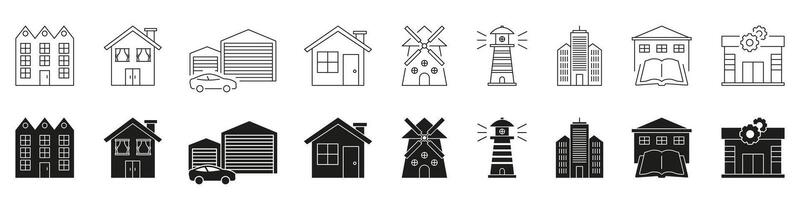 Various Building Types Line And Solid Icon Set. Residential, Industrial, Educational Structures Silhouette Symbol Collection. Architecture And Infrastructure Elements. Isolated Illustration vector