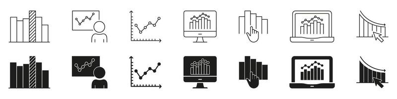 Data Analytics And Visualization Line And Solid Icon Set. Business Intelligence, Graph Analysis, Performance Tracking Symbols. Financial And Statistical Insights. Isolated Illustration vector