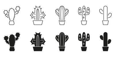 Cactus Plant Line And Solid Icon Set. Desert Flora, Succulent Care, And Indoor Gardening Symbol Collection. Various Cactus Shapes In Pots. Isolated Illustration vector