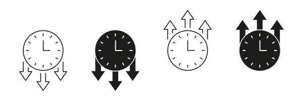 Clock With Arrows Line And Solid Icon Set. Time Management, Efficiency, And Productivity Symbol Collection. Directional Arrows Indicating Increase And Decrease. Isolated Illustration vector