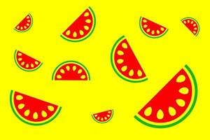 Colorful watermelon slices scattered against a bright yellow background creating a vibrant summer atmosphere vector