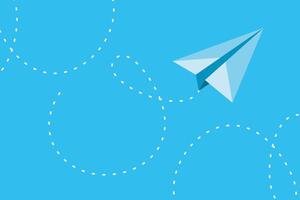 Paper airplane gliding through a bright blue sky with imaginative flight patterns in the background vector