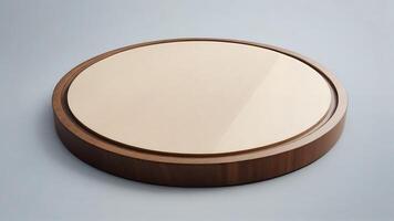 Round wooden display stand with beige glass top. photo