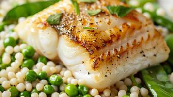 This healthy meal features grilled fish, couscous, and fresh peas for a vibrant, nutritious dish. photo