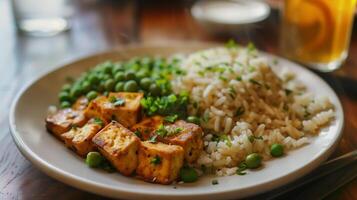 This Colorful plate features tofu, greens, and rice, showcasing a nutritious and balanced meal option. photo