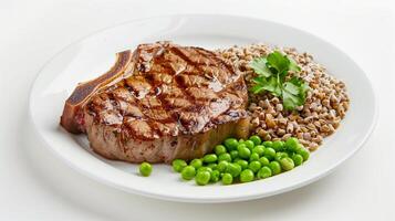 This Delicious grilled steak served with buckwheat, fresh peas, and herbs for a nutritious meal. photo