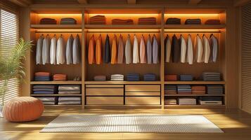 Neatly arranged clothing and towels highlight an inviting wardrobe design with soft lighting. photo
