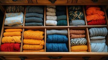 A wooden drawer holds neatly folded sweaters in various colors, creating a cozy display. photo