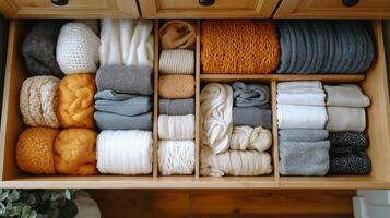 A wooden drawer showcases neatly folded textiles in vibrant colors, creating an inviting feel. photo