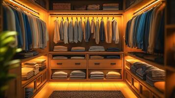 Wooden closet features a variety of neatly hung shirts and folded clothes illuminated warmly. photo
