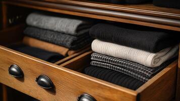A drawer holds neatly folded sweaters of various colors, showing a cozy, organized space. photo