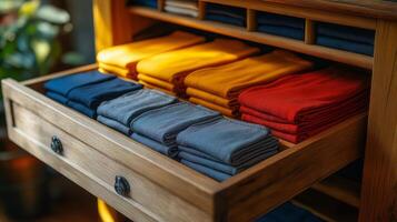 Vibrant fabrics arranged in an orderly manner within a wooden drawer, showcasing various colors. photo