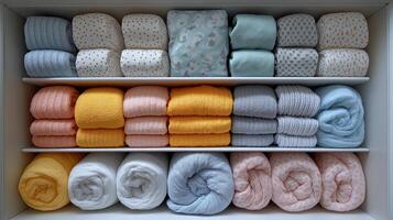 Soft towels and blankets are organized by color in a clean, white drawer for better accessibility. photo