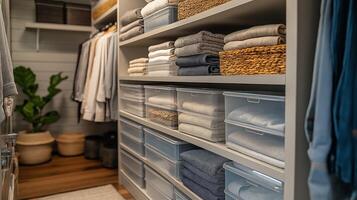 A neatly organized closet showcases folded towels, clear bins, and a serene green plant. photo