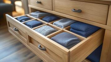 Neatly arranged drawer shows towels and clothing, highlighting proper organization and storage. photo