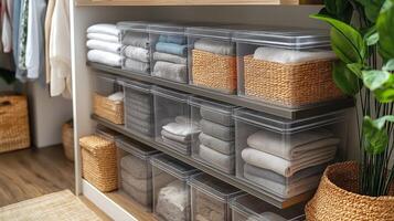 Neatly arranged towels and linens in transparent bins alongside woven baskets in a stylish closet. photo