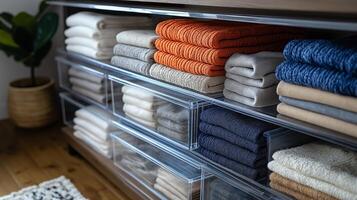 Soft and vibrant towels are arranged on shelves in a stylish home, creating a welcoming atmosphere. photo