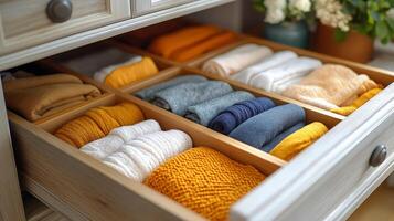 A neatly organized drawer displays a variety of folded clothes in bright colors, adding warmth. photo