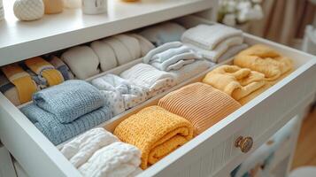 A drawer holds neatly folded clothes in soft fabrics and warm hues, adding comfort. photo